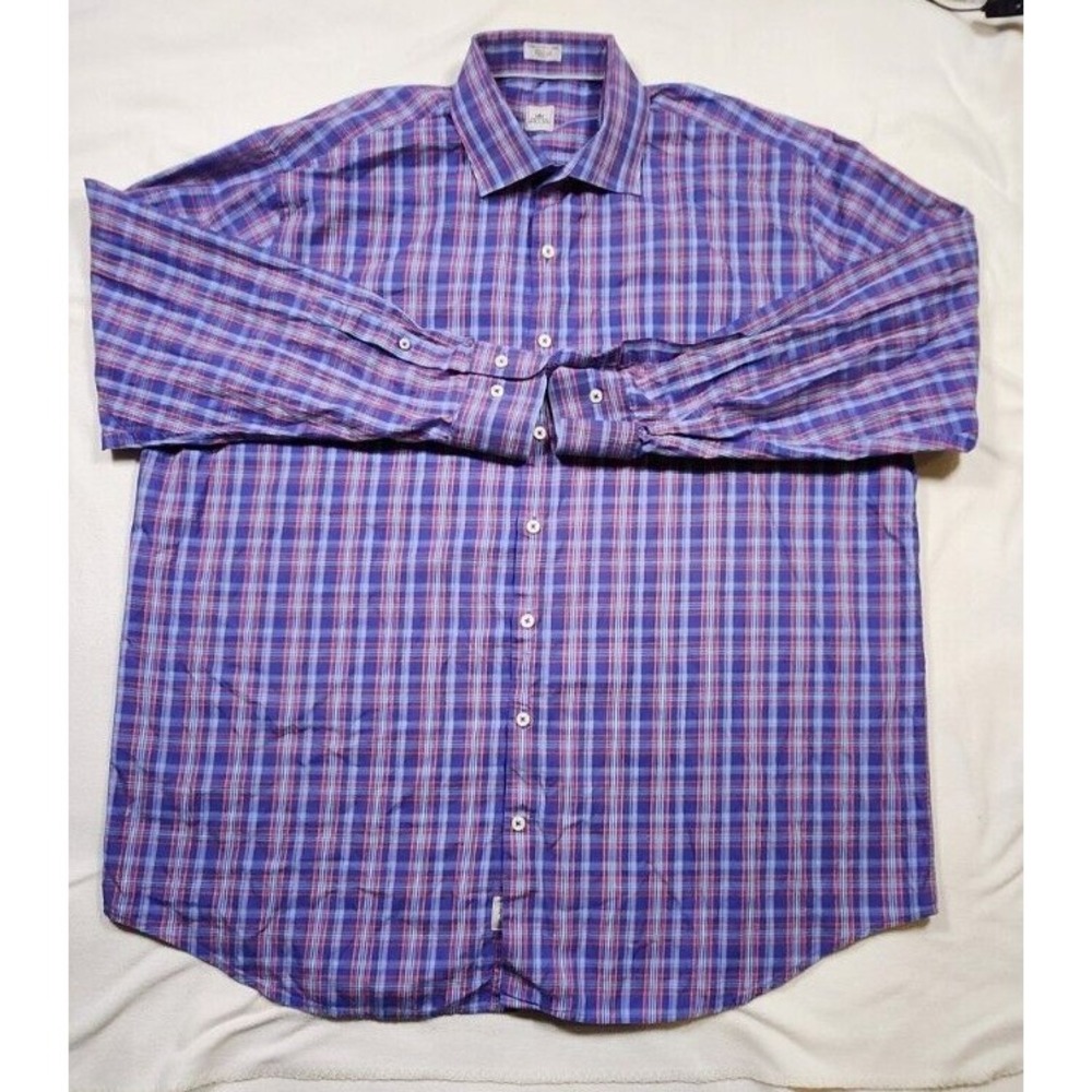 Peter Millar Button Shirt Mens XXL Blue Pink Plaid Long Sleeve Cotton Casual